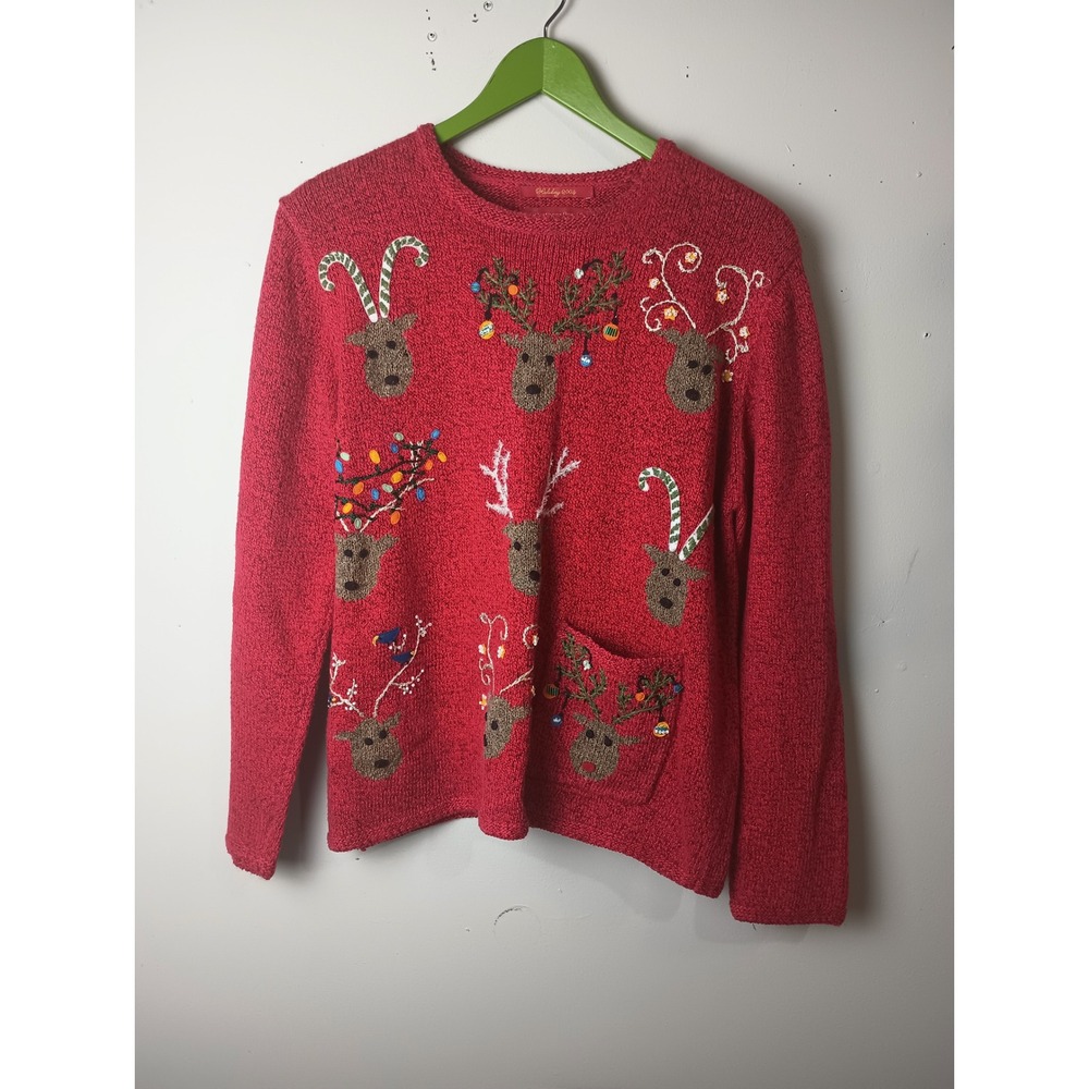 Northern Isles Red Reindeer Holiday Sweater Womens Large Embroidered Beaded 2004